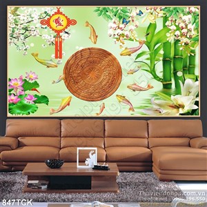 Tranh cây sống đời 3d và cá koi Tranh cây sống đời 3d và cá koi