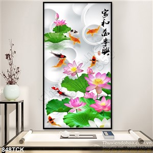 Tranh 3d khổ dọc hoa sen cá chép uv Tranh 3d khổ dọc hoa sen cá chép uv