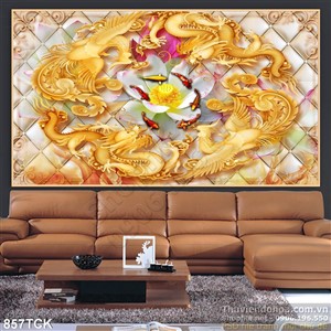 Tranh sen koi rồng phụng sum vầy đẹp in uv Tranh sen koi rồng phụng sum vầy đẹp in uv