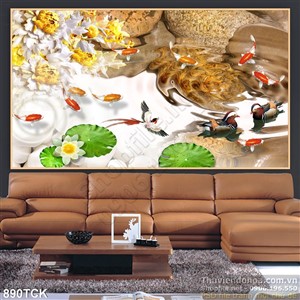 Tranh hồ nước cá chép koi và vịt trời Tranh hồ nước cá chép koi và vịt trời