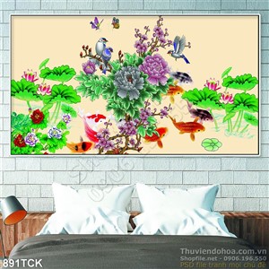 Tranh hoa mẫu đơn và cá chép koi sen psd Tranh hoa mẫu đơn và cá chép koi sen psd