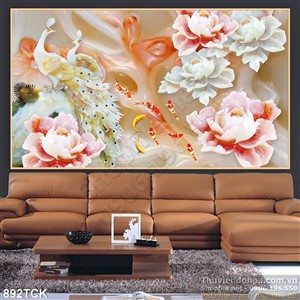Tranh wall 3d giả ngọc công và hoa mẫu đơn Tranh wall 3d giả ngọc công và hoa mẫu đơn