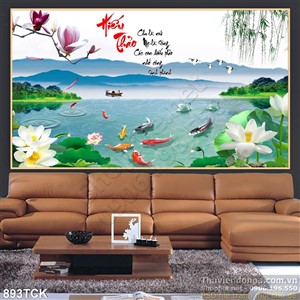 Tranh sơn thủy hiếu thảo cá chép 3d và hoa sen in uv Tranh sơn thủy hiếu thảo cá chép 3d và hoa sen in uv