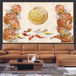 Tranh hoa điêu khắc gỗ và cá koi bơi lội Tranh hoa điêu khắc gỗ và cá koi bơi lội