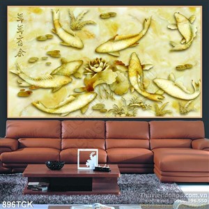 Tranh cá chép mạ vàng bơi quần hội in uv psd Tranh cá chép mạ vàng bơi quần hội in uv psd