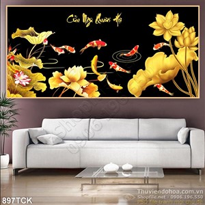 Tranh hoa sen mạ vàng cửu ngư Tranh hoa sen mạ vàng cửu ngư