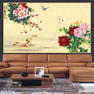 Tranh hoa mẫu đơn cá chép 3d Tranh hoa mẫu đơn cá chép 3d