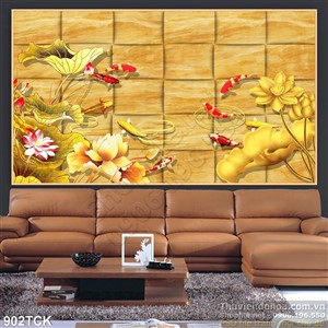 Tranh hoa sen mạ vàng và đán cá koi in uv Tranh hoa sen mạ vàng và đán cá koi in uv