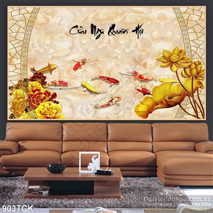 Tranh cửu ngư và hoa sen mạ vàng psd Tranh cửu ngư và hoa sen mạ vàng psd