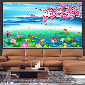Tranh hồ sen và cá chép, cây đào psd in uv Tranh hồ sen và cá chép, cây đào psd in uv