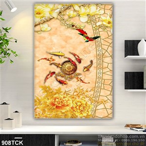 Tranh cá chép  và bông hoa mạ vàng đẹp Tranh cá chép  và bông hoa mạ vàng đẹp