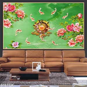 Tranh cá chép vàng và hoa mẫu đơn Tranh cá chép vàng và hoa mẫu đơn