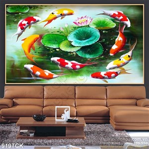 Tranh vẽ cá koi quần tụ Tranh vẽ cá koi quần tụ