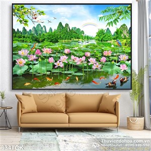 Tranh phong cảnh hoa sen và cá chép 3d Tranh phong cảnh hoa sen và cá chép 3d