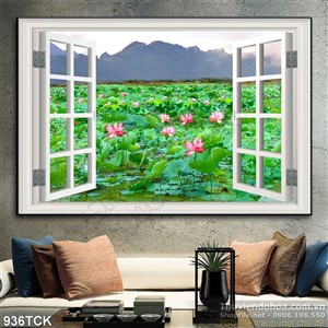 Tranh cửa sổ hồ sen 3d in uv Tranh cửa sổ hồ sen 3d in uv