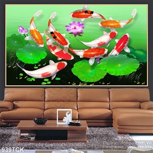 Tranh cá koi quần hội bên bông hoa sen đẹp in uv Tranh cá koi quần hội bên bông hoa sen đẹp in uv