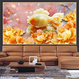 Tranh cá vàng giả ngọc hoa mẫu đơn Tranh cá vàng giả ngọc hoa mẫu đơn