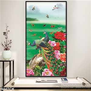 Tranh khổ dọc chim công và cá chép Tranh khổ dọc chim công và cá chép