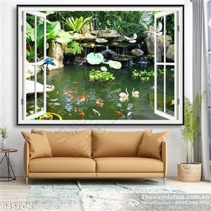 Tranh hồ cá chép bên cửa sổ Tranh hồ cá chép bên cửa sổ