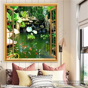 Tranh cửa sổ và hồ cá chép psd Tranh cửa sổ và hồ cá chép psd