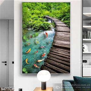 Tranh cái cầu gỗ và đàn koi đẹp 3d Tranh cái cầu gỗ và đàn koi đẹp 3d