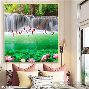 Tranh thác nước và cá chép nhảy lên 3d Tranh thác nước và cá chép nhảy lên 3d