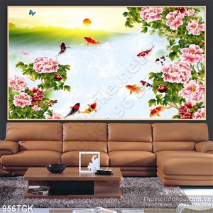 Tranh hoa mẫu đơn và cá chép bơi lội 3d Tranh hoa mẫu đơn và cá chép bơi lội 3d