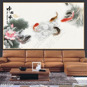 Tranh cá chép và hoa sen chữ thư pháp Tranh cá chép và hoa sen chữ thư pháp