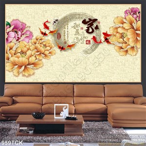 Tranh hoa mẫu đơn và cá chép bơi lội ấn tượng Tranh hoa mẫu đơn và cá chép bơi lội ấn tượng