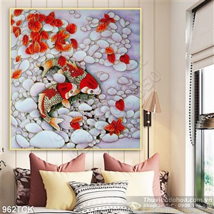 Tranh vẽ cá chép và nền sỏi trắng Tranh vẽ cá chép và nền sỏi trắng