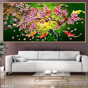 Tranh sơn dầu cá chép và hoa đào Tranh sơn dầu cá chép và hoa đào