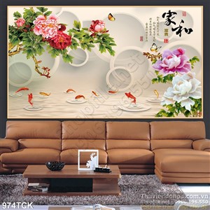 Tranh hoa mẫu đơn và cá chép in psd Tranh hoa mẫu đơn và cá chép in psd