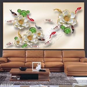 Tranh hoa sen giả ngọc và cá chép wall in uv Tranh hoa sen giả ngọc và cá chép wall in uv