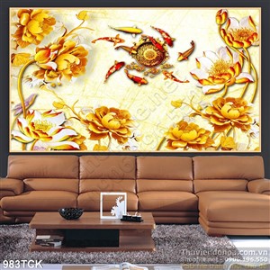 Tranh hoa sen và cá chép bơi tung tăng Tranh hoa sen và cá chép bơi tung tăng