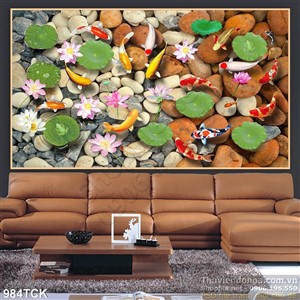 Tranh cá chép và suối đá đẹp mặt 3d Tranh cá chép và suối đá đẹp mặt 3d