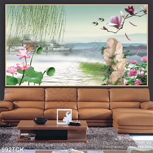 Tranh hoa sen và ngôi nhà và hồ nước psd wall Tranh hoa sen và ngôi nhà và hồ nước psd wall