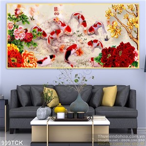 Tranh cá chép đẹp hoa mẫu đơn Tranh cá chép đẹp hoa mẫu đơn