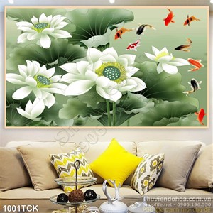 Tranh hoa sen màu trắng và cá chép đẹp 3d Tranh hoa sen màu trắng và cá chép đẹp 3d