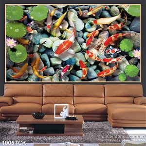 Tranh hồ nước trong vắt và dàn cá koi Tranh hồ nước trong vắt và dàn cá koi