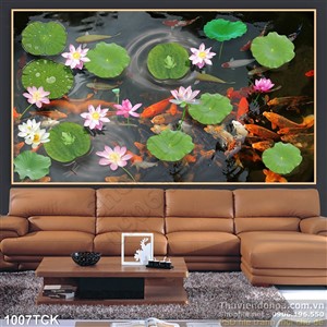 Tranh hồ cá chép và lá sen đẹp in uv psd Tranh hồ cá chép và lá sen đẹp in uv psd