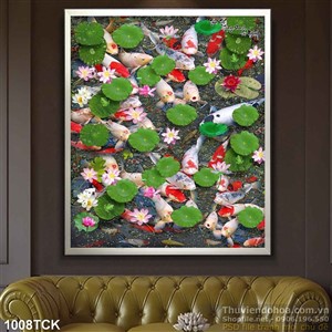 Tranh đàn cá koi và hồ sen wall Tranh đàn cá koi và hồ sen wall