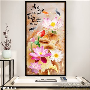 Tranh hoa sen khổ dọc in uv đẹp và cá chép Tranh hoa sen khổ dọc in uv đẹp và cá chép