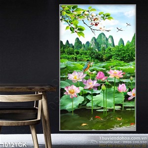 Tranh đầm sen và ngọn núi in uv Tranh đầm sen và ngọn núi in uv