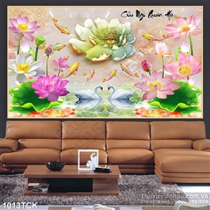 Tranh hoa sen cửu ngư quần hội và đôi thiên nga 3d in uv Tranh hoa sen cửu ngư quần hội và đôi thiên nga 3d in uv