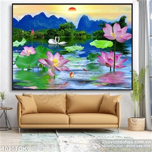 Tranh đầm hoa sen và mặt trời Tranh đầm hoa sen và mặt trời