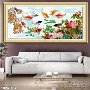 Tranh cá chép và hoa mẫu đơn in uv wall Tranh cá chép và hoa mẫu đơn in uv wall
