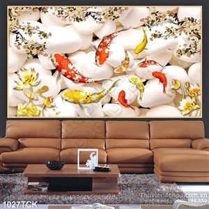 Tranh tranh sỏi trắng 3d wall và cá chép Tranh tranh sỏi trắng 3d wall và cá chép