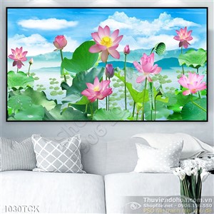 Tranh hoa sen và bầu trời xanh Tranh hoa sen và bầu trời xanh