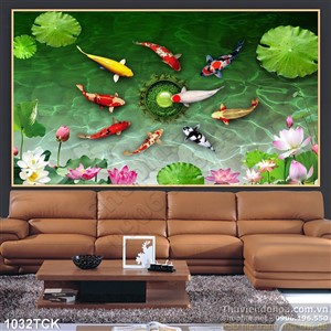 Tranh  viên ngọc xanh và cá chép koi in 3d Tranh  viên ngọc xanh và cá chép koi in 3d