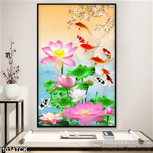 Tranh cây hoa sen và cá chép bơi 3d uv Tranh cây hoa sen và cá chép bơi 3d uv